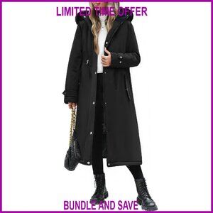 Long Winter Puffer Coat with Detachable Hood, Maxi Length, Windproof